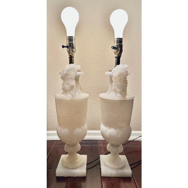1920s Large Pair of Hand-Carved French Alabaster Neoclassical Urn Table Lamps For Sale - Image 15 of 18
