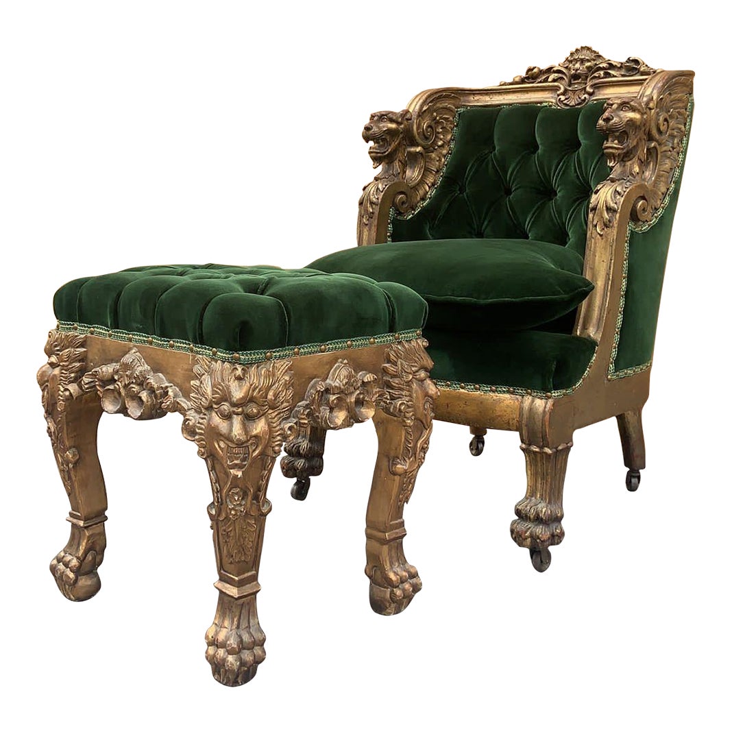 Antique French Renaissance Figural Chair and Ottoman Newly Upholstered ...