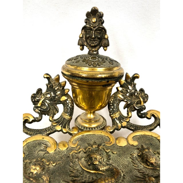 Mid 20th Century Antique Asian Design Brass Inkwell With Pen Tray For Sale - Image 5 of 11