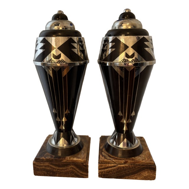 Art Deco Black and Silver Vases on Marble Bases, 1920s, Set of 2 For Sale