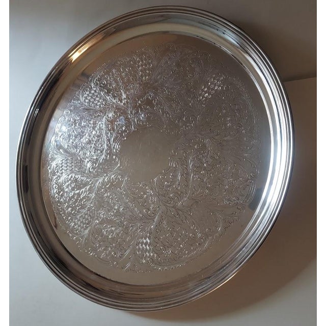 Vintage Floral Engraved Silverplate Serving Tray, Attributed to Goldfeder -17 Inches For Sale - Image 4 of 5