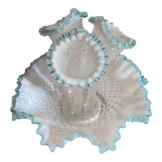 Vintage Fenton Hobnail French Opalescent Aqua Crest Diamond Lace Pattern Epergne Vase For Sale