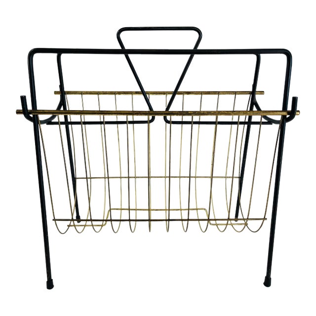 1950s Black & Gold Metal Handled Magazine Rack For Sale