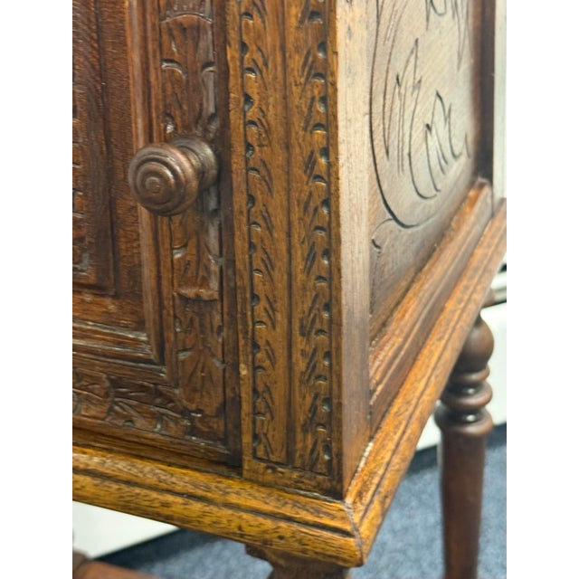Antique French Breton Carved Oak Marble Too Nightstand For Sale - Image 4 of 12