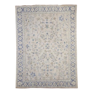 Vintage Turkish Oushak Room Size Rug, Hand-Knotted Wool, Ivory, Blue, 8' x 10' For Sale