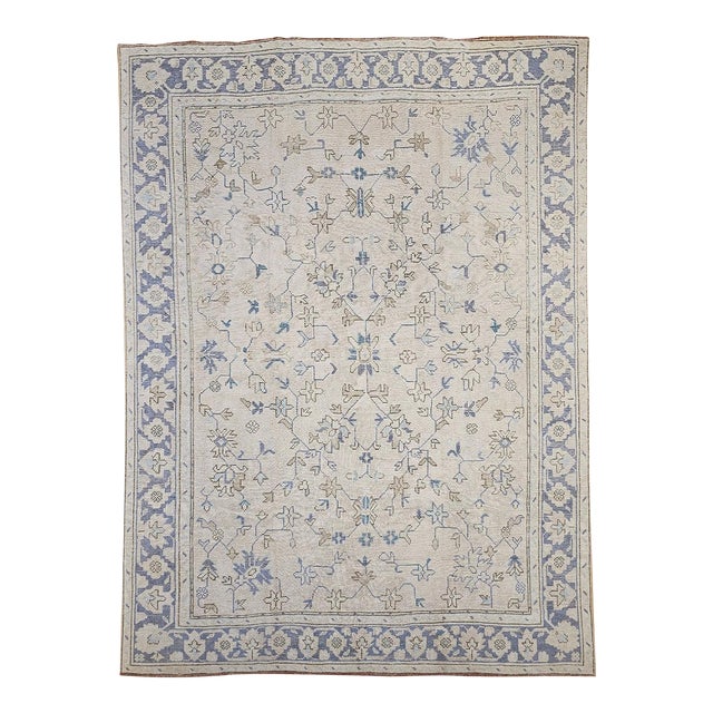 Vintage Turkish Oushak Room Size Rug, Hand-Knotted Wool, Ivory, Blue, 8' x 10' For Sale