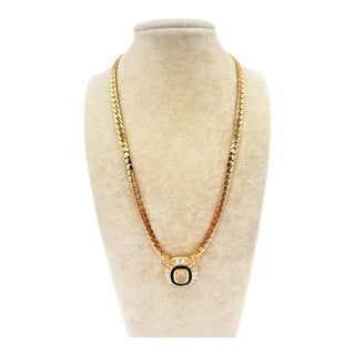 Christian Dior 1970s Gold‑Tone Necklace With Black Enamel & Crystal Pendant For Sale