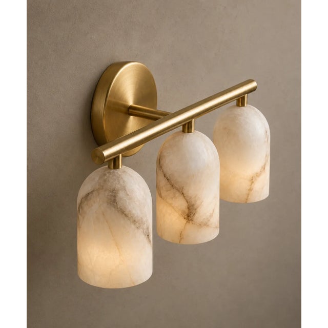 Not Yet Made - Made To Order Handcrafted Brass 3-Light Vanity Sconce With Natural Alabaster Shades, Luxury Bathroom Lighting For Sale - Image 5 of 9