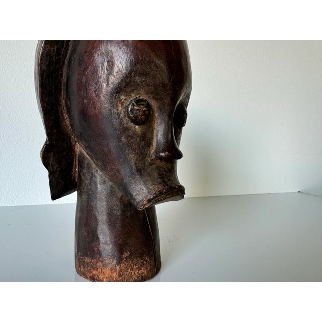 Wood Vintage African Hand Carved Wood Head Bust Sculpture For Sale - Image 7 of 9