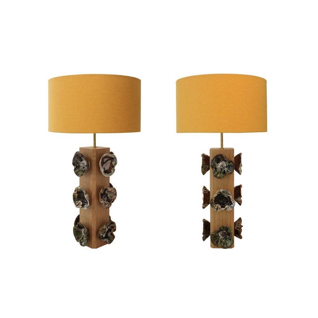 German Ceramic Flower and Oak Table Lamps, Germany, 2010s, Set of 2 For Sale - Image 11 of 11
