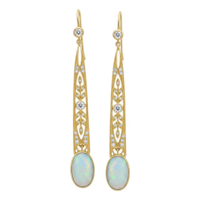 Art Nouveau Opal Drop Earrings Silver, Gold, A Pair For Sale