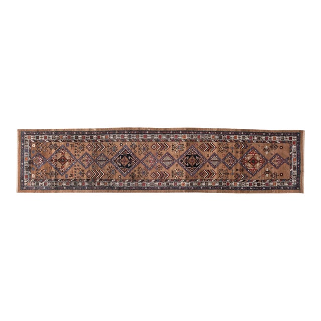 Antique Narrow and Long Diamond Medallions Motifs Persian Hamadan Wool Runner For Sale