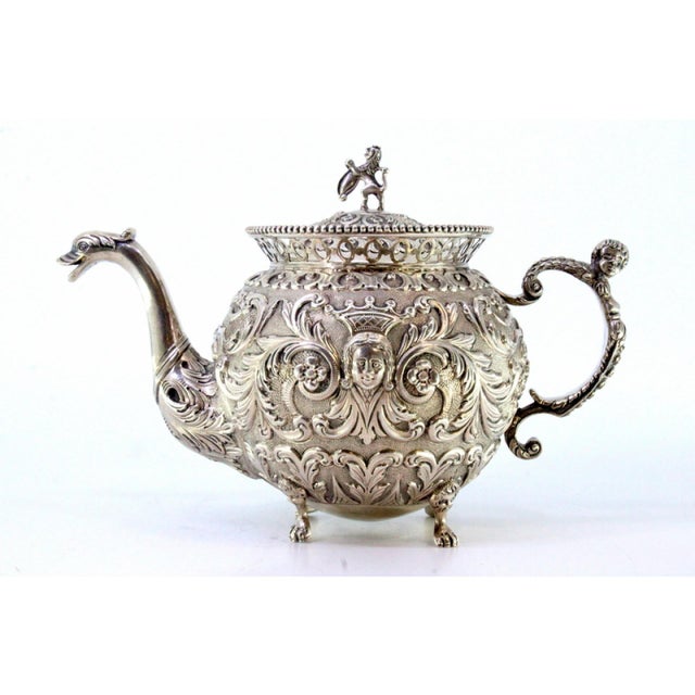 Coffee Pot in Silver Relief with Female and Elf Faces, Lid with Lion-Shaped Handle and Claw-Shaped Feet, in Very Good...