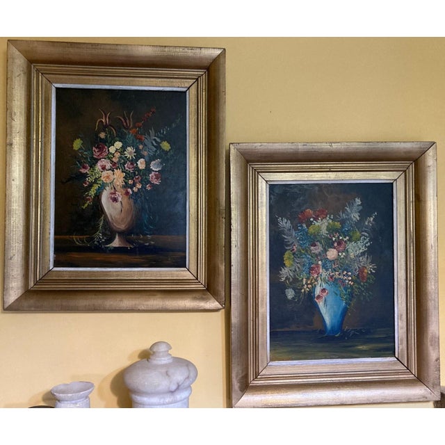 1940s F. Domínguez, Floral Still Lifes, 1945, Oil on Pressed Cardboard, Set of 2 For Sale - Image 5 of 14