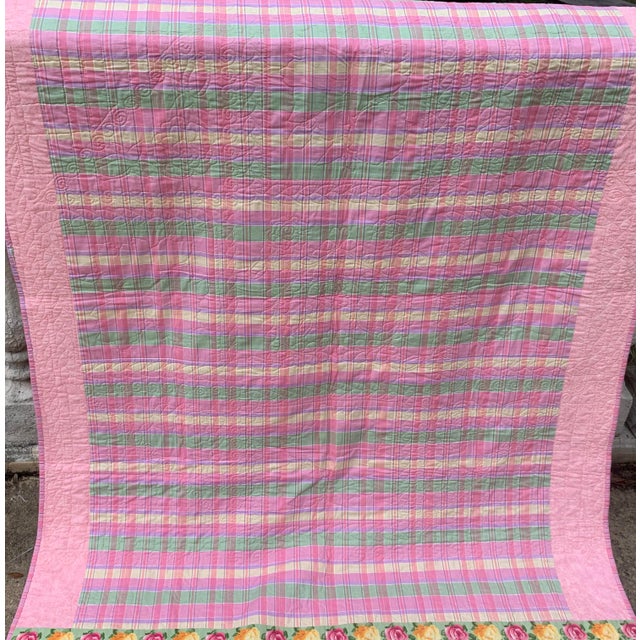 Vintage pink yellow green square patches of roses quilt , handcrafted, reversible to seersucker patterns Cottage style...