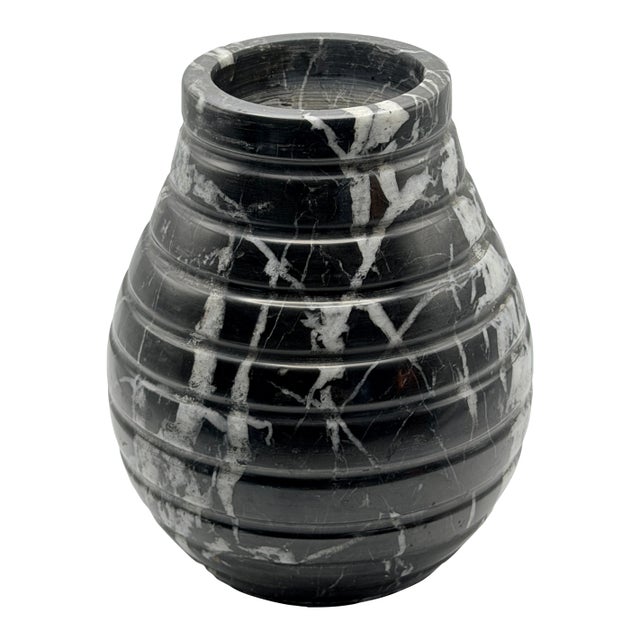 Vintage Hand-Carved Black Marble Vase With White Veining For Sale