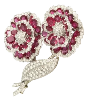 18kt White Gold Ruby & Diamond Brooch Ca 1950