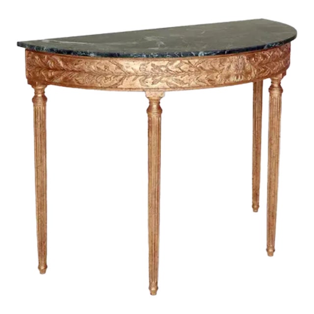 George III Style Giltwood & Green Italian Marble Demilune Console Table by Burton-Ching For Sale