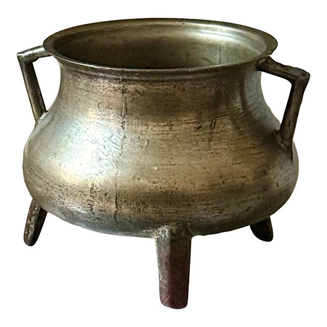 Antique Continental 1600s Bronze European Posnet, Cauldron Cast in Two Parts With Angular Handles and Tripod Feet, Maker’s Initials ‘A B’ For Sale