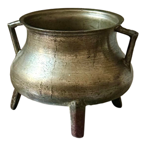 Antique Continental 1600s Bronze European Posnet, Cauldron Cast in Two Parts With Angular Handles and Tripod Feet, Maker’s Initials ‘A B’
