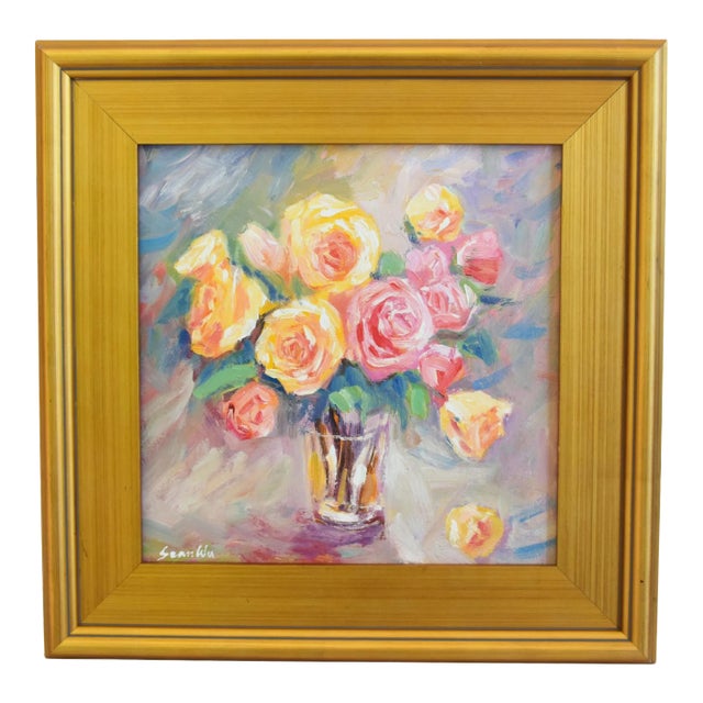 Bouquet of Pastel English Roses in Vase Oil Painting W/ Antiqued Gold Wood Frame For Sale