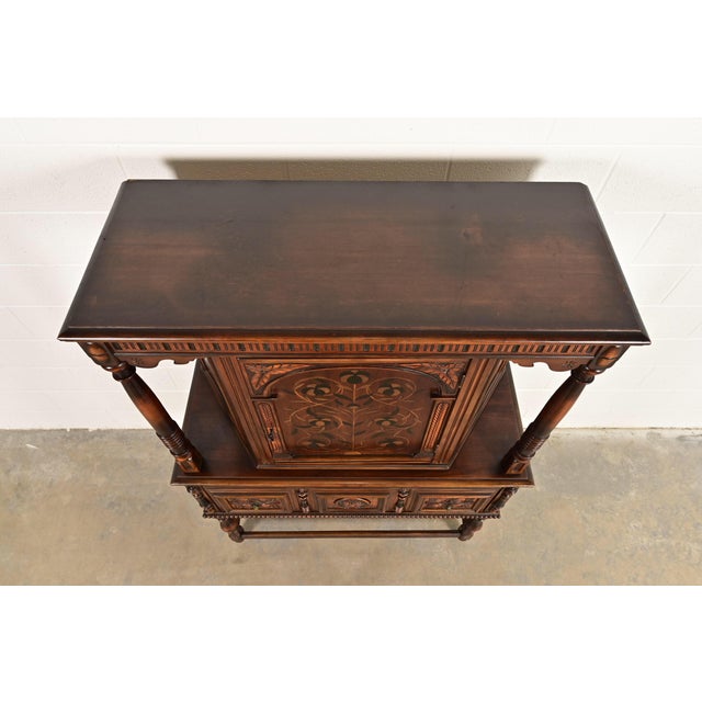 Berkey & Gay Antique English Tudor Carved Walnut and Burl Wood Bookcase or Bar Cabinet, Circa 1920s For Sale - Image 14 of 17