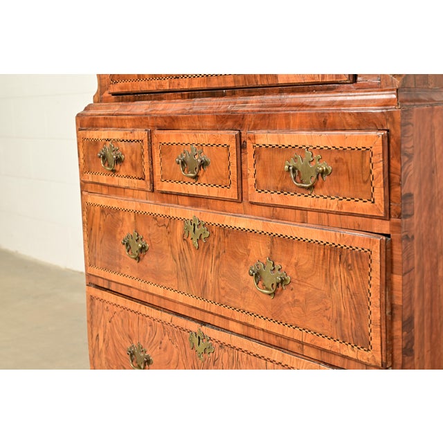 18th Century Antique English William & Mary Banded Walnut Mirror Front Secretary Desk With Bookcase Hutch For Sale - Image 9 of 17