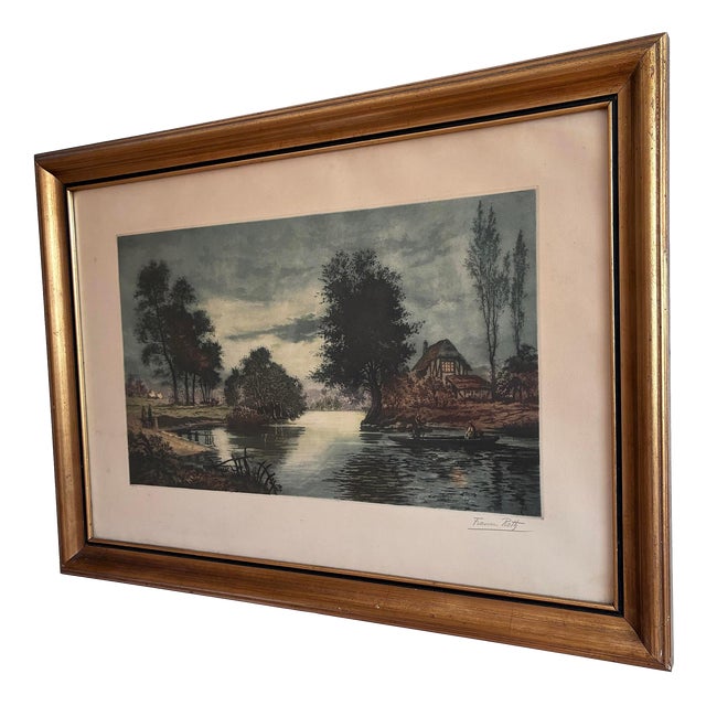 European Artist, Riverside Cottage Landscape, 1970s, Paper, Framed For Sale