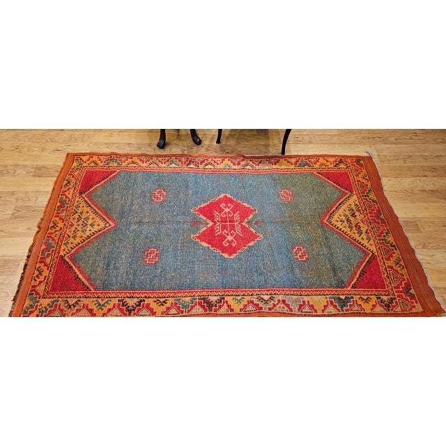 Turquoise Vintage Moroccan Rug, Hand-Knotted Wool, Geometric Pattern, Green & Yellow, 4’ X 6’ For Sale - Image 8 of 18