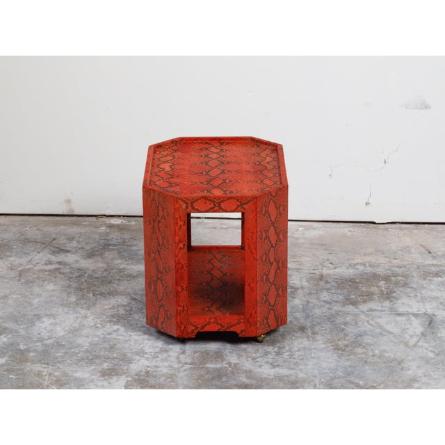 Attributed Karl Springer 1970s Midcentury Octagonal Bar Cart With Red Snakeskin Finish For Sale - Image 10 of 11