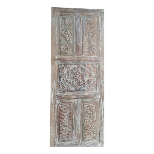 Vintage Whitewashed Carved Door – Reclaimed Wood Sliding Barn Door Panel 96x36 For Sale