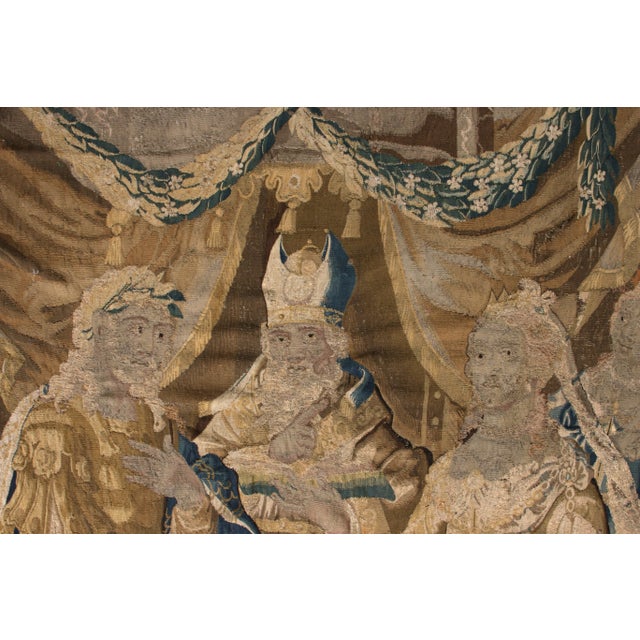 Textile Handmade Antique Pictorial Tapestry in Beige-Brown and Blue Heraldic Design For Sale - Image 7 of 7