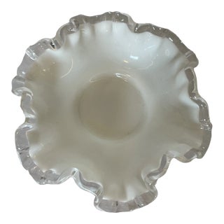 1960s Fenton Crystal Silver Crest Milk Glass, Double Ruffled Scalloped Rim Bowl For Sale