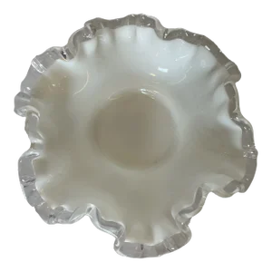 1960s Fenton Crystal Silver Crest Milk Glass, Double Ruffled Scalloped Rim Bowl