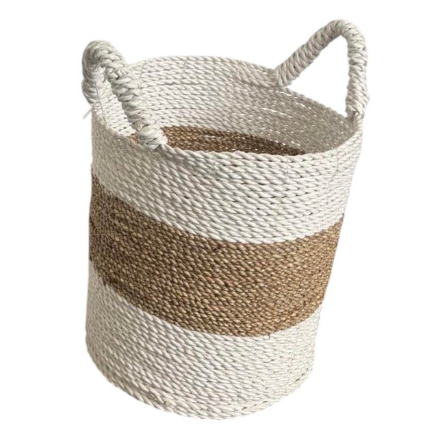 Vintage Woven Seagrass & Cotton Rope Floor Basket For Sale - Image 4 of 12