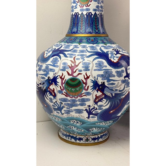 Late 20th Century Monumental Pair of Chinese Cloisonne Enamel Blue and White Dragons Vases For Sale - Image 5 of 16