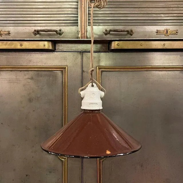 Industrial 1920s Industrial Brown Enamel Cone Factory Pendant Light For Sale - Image 3 of 10