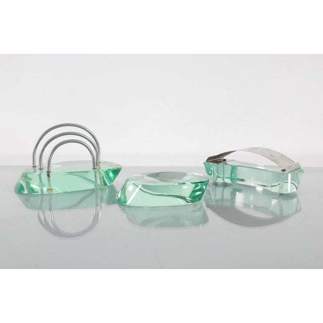 Fontana Arte Mid-Century Fontana Arte Desk Set in Thick Nile Green Glass 50s Italy, 1950s, Set of 3 For Sale - Image 4 of 14