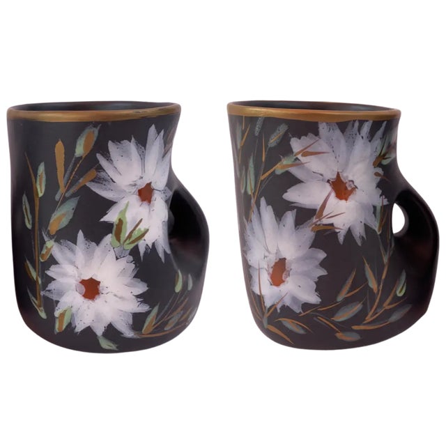 Vallauris Mid-Century Vallauris Black White Floral Blossoms Terracotta Mugs- A Pair For Sale - Image 4 of 18