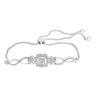 .925 Sterling Silver Diamond Cushion Frame Heart-Sides Twist 4���-10��� Adjustable Bolo Tennis Bolo Bracelet (I-J Color, I3 Clarity) For Sale