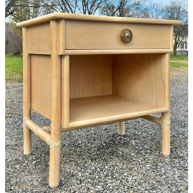 Classic mid century design Cerused oak and rattan single drawer nightstand by McGuire of San Francisco. White laminate top...