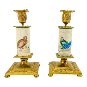 19th Century French Longwy Porcelain Mounted Candlesticks, a Pair