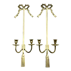 Vintage French Style Brass Candle Sconces Bow and Tassel - Set of 2