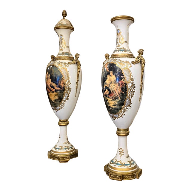 Sèvres Style Porcelain Vase With Hand-Painted Scenic Artwork & Bronze Swan Handles For Sale