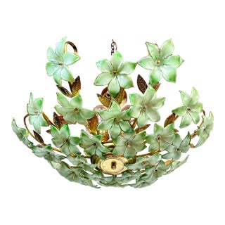 1970s Vintage Murano Style Hand-Painted Green Glass Floral Flush Mount Chandelier⁠ For Sale