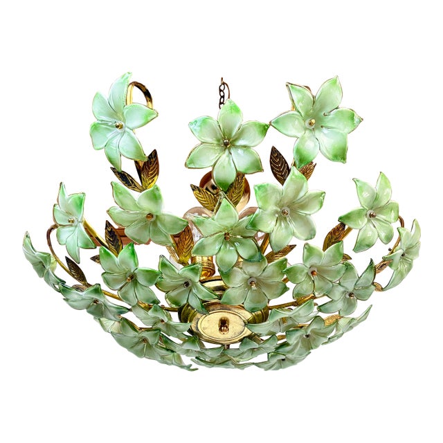 1970s Vintage Murano Style Hand-Painted Green Glass Floral Flush Mount Chandelier⁠ For Sale