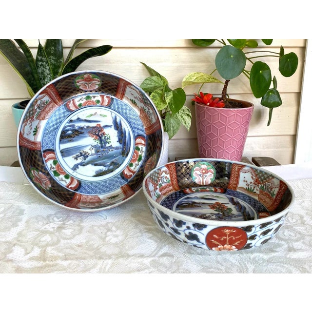 Mid 20th Century Antique Japanese Imari Porcelain Footed Rice Serving Bowl - Hand Painted With Blue Fuku Mark - Set of 2 For Sale - Image 13 of 13
