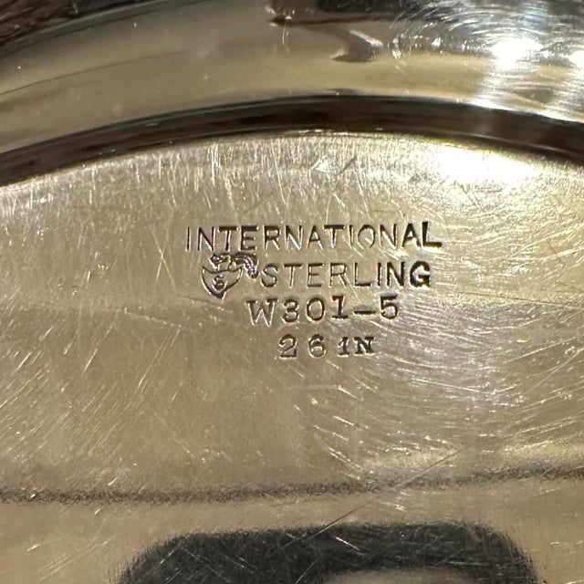 1950s Elliptical Sterling Silver Tray With Etched Scrollwork and Bell Flower Decoration For Sale - Image 6 of 7