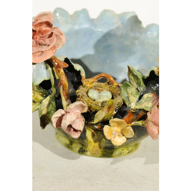 19th Century French Barbotine Covered Bowl with Bird and Bird Nest Décor For Sale - Image 9 of 11