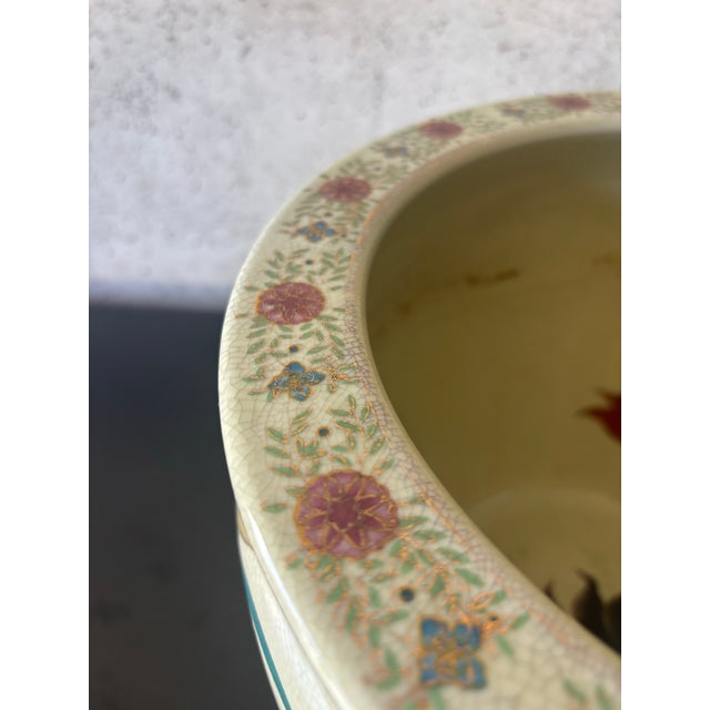 1970s Vintage Chinese Chinoiserie Peony & Koi Porcelain Planter For Sale - Image 5 of 8